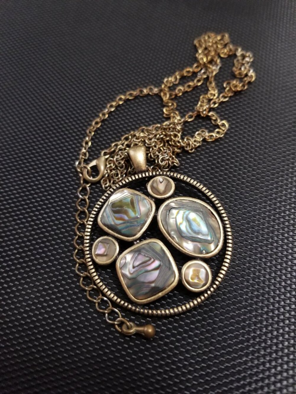 Rare: Lia Sophia (Retired) Blue-Green-Purple Abalone Brass Medallion Necklace